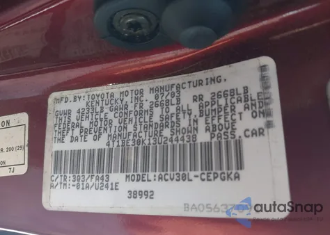 2003 Toyota Camry Xle from USA, damaged, VIN 4T1BE30K13U244438